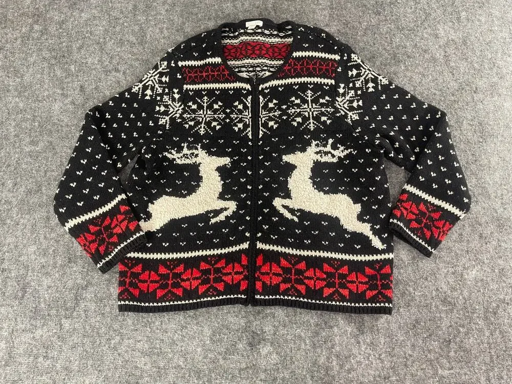 J Jill Sweater Womens Petites Large Black Deer Print Full Zip Cardigan Wool N313